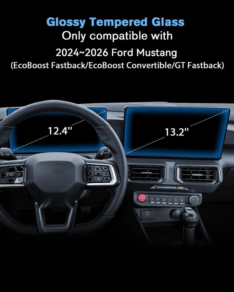 WEIPIN For 2PCS Glossy Tempered Glass 2024 2025 2026 Ford Mustang 13.2 Inch Touchscreen & 12.4 Inch Dashboard Split Screen Protector - Mustang (EcoBoost Fastback/EcoBoost Convertible/GT Fastback) - Image 3